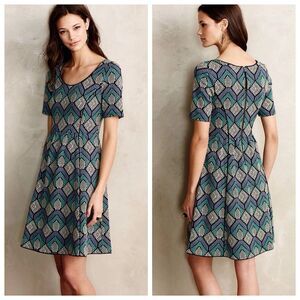 Anthropologie HD In Paris Hollyhock Jersey Dress Sz S Blue Green Short Sleeve